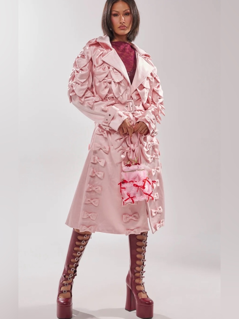 AKIRA Pink Wrap Me With A Satin Bow Ultra Feminine Trench Statement Coat NWT M